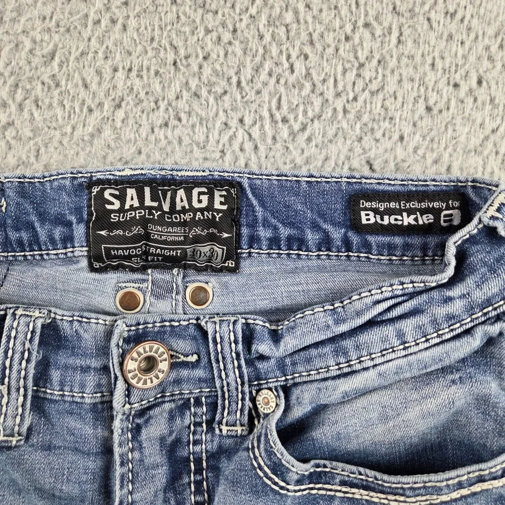 Salvage Jeans Mens 30x30 Blue Havoc Straight Slim Fit Distressed Low Rise Buckle